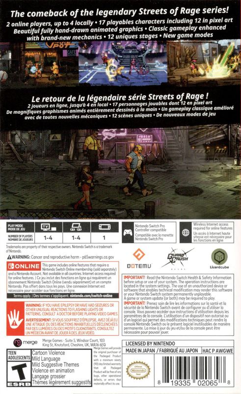 Back Cover for Streets of Rage 4 (Nintendo Switch)