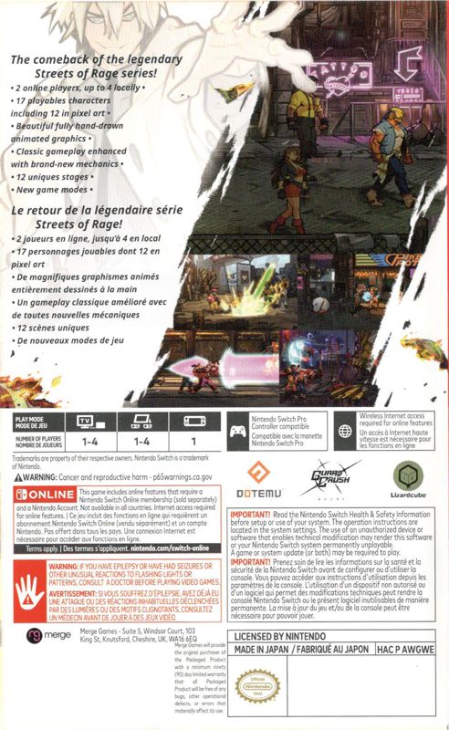 Inside Cover for Streets of Rage 4 (Nintendo Switch): Left