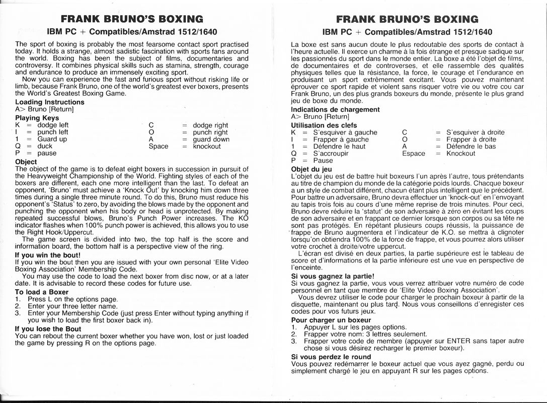 Manual for Frank Bruno's Boxing (DOS): English / French