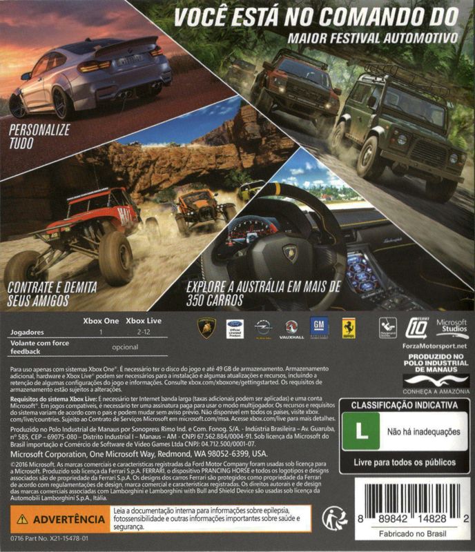 Back Cover for Forza Horizon 3 (Xbox One)