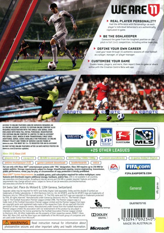 Back Cover for FIFA Soccer 11 (Xbox 360)