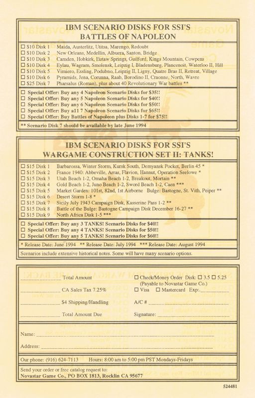 Extras for Wargame Construction Set II: Tanks! (DOS): Order Form Scenario Disk's - Back