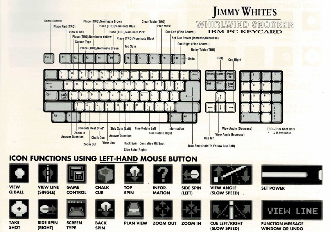 Reference Card for Jimmy White's 'Whirlwind' Snooker (DOS) (Alternate release with yellow disk): Front