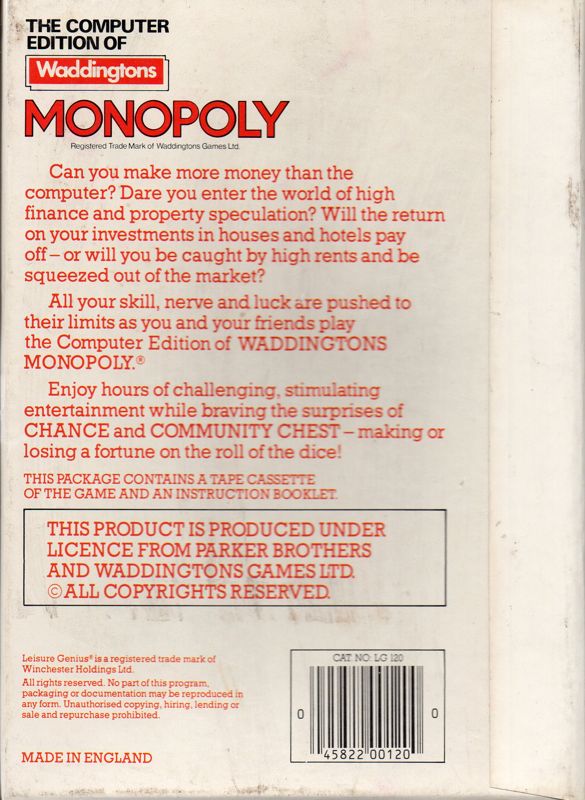 Back Cover for Monopoly (Commodore 64)