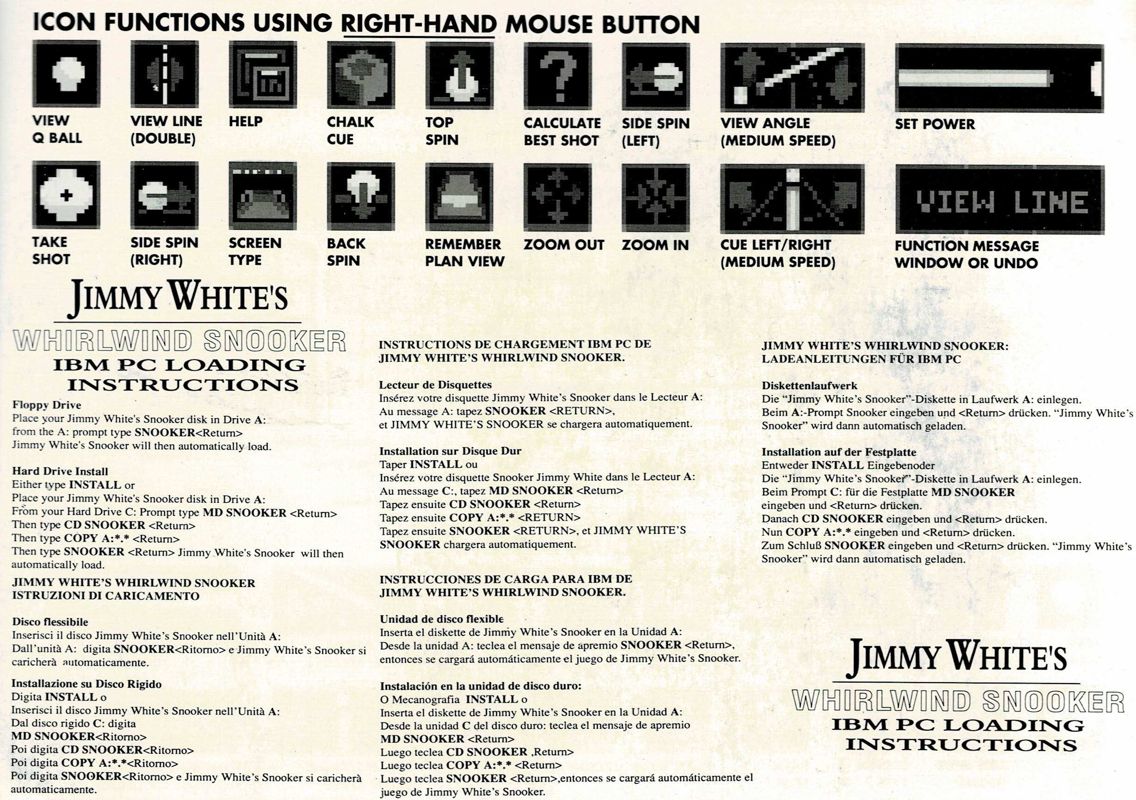 Reference Card for Jimmy White's 'Whirlwind' Snooker (DOS) (Alternate release with yellow disk): Back