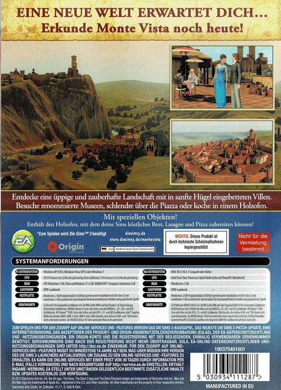 Back Cover for The Sims 3: Monte Vista (Macintosh and Windows)