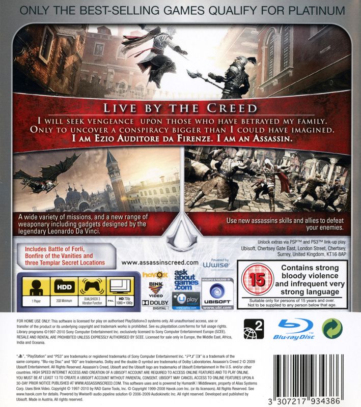 Back Cover for Assassin's Creed II: Game of the Year Edition (PlayStation 3) (Platinum release)