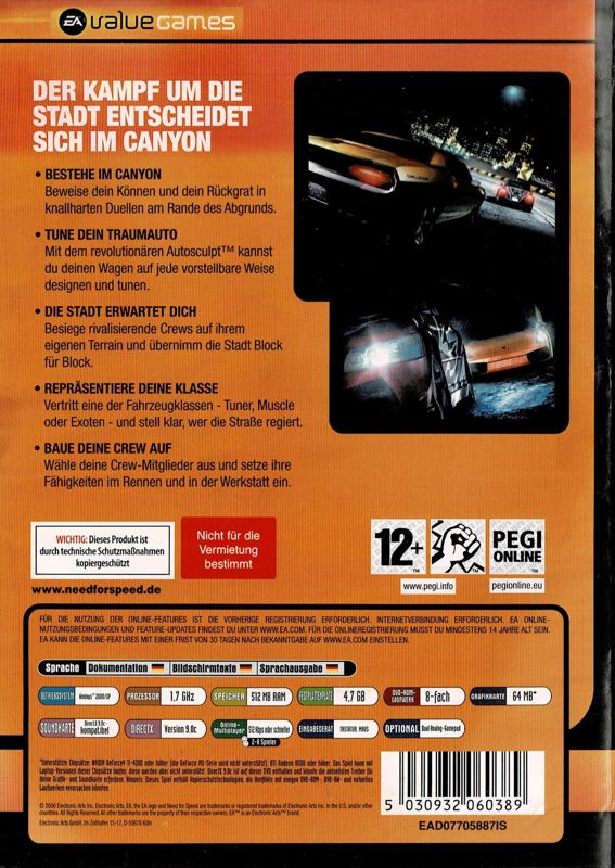 Back Cover for Need for Speed: Carbon (Windows) (EA value games release)