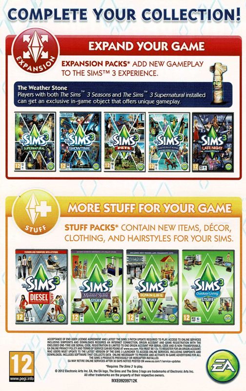 Advertisement for The Sims 3: Seasons (Macintosh and Windows): Sims 3 Expansion Packs - Back