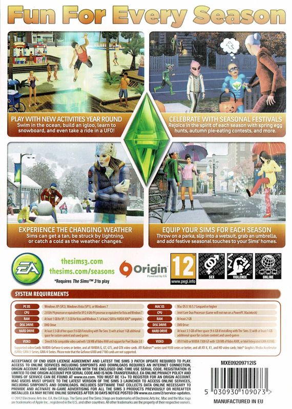 Back Cover for The Sims 3: Seasons (Macintosh and Windows)