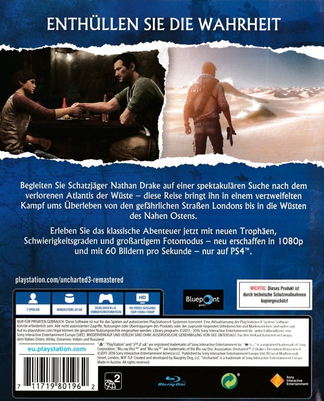 Back Cover for Uncharted 3: Drake's Deception (PlayStation 4)