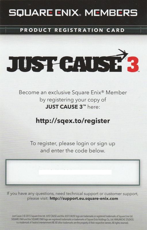Extras for Just Cause 3 (Collector's Edition) (Windows): Square Enix Registration Flyer - Front