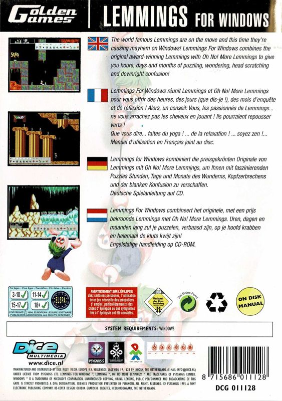 Back Cover for Lemmings & Oh No! More Lemmings (Windows) (Golden Games release)