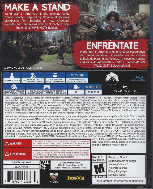 Back Cover for World War Z: Aftermath (PlayStation 4)
