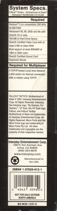 Spine/Sides for Fallout Tactics: Brotherhood of Steel (Windows): Bottom