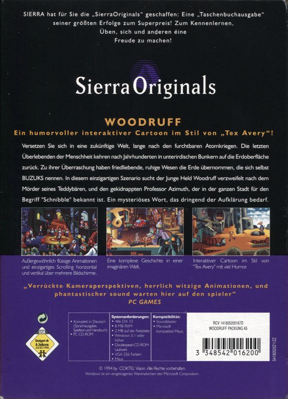 Back Cover for The Bizarre Adventures of Woodruff and the Schnibble (Windows 16-bit) (Sierra Originals release)