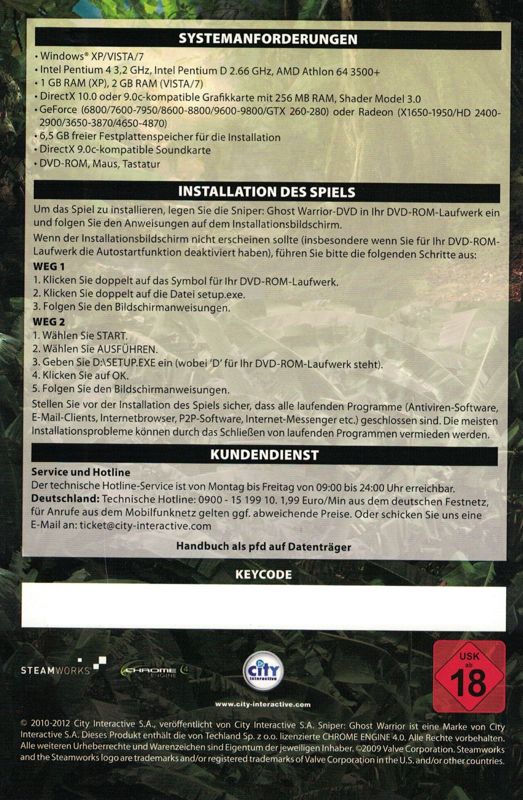 Manual for Sniper: Ghost Warrior - Gold Edition (Windows) (Green Pepper release): Back