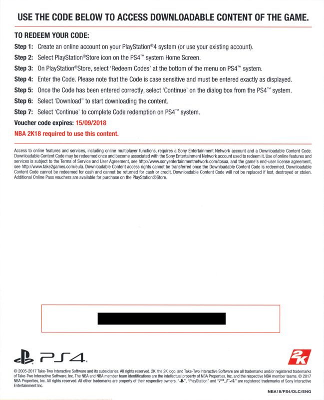 Other for NBA 2K18 (PlayStation 4) (General European release): DLC Card - Back