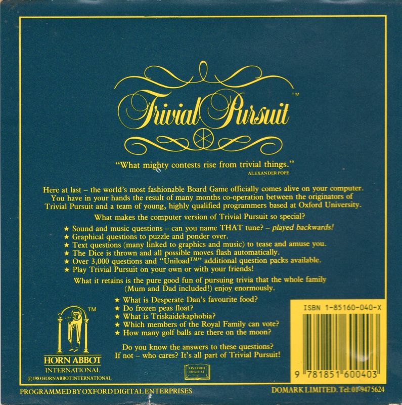 Back Cover for Trivial Pursuit (Commodore 64) (Cassette release)