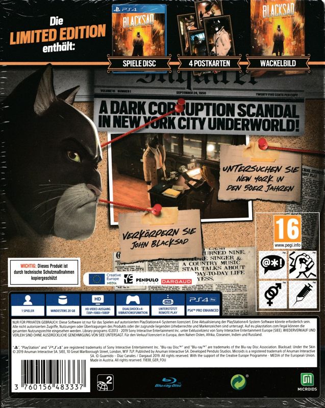 Back Cover for Blacksad: Under the Skin (Limited Edition) (PlayStation 4)