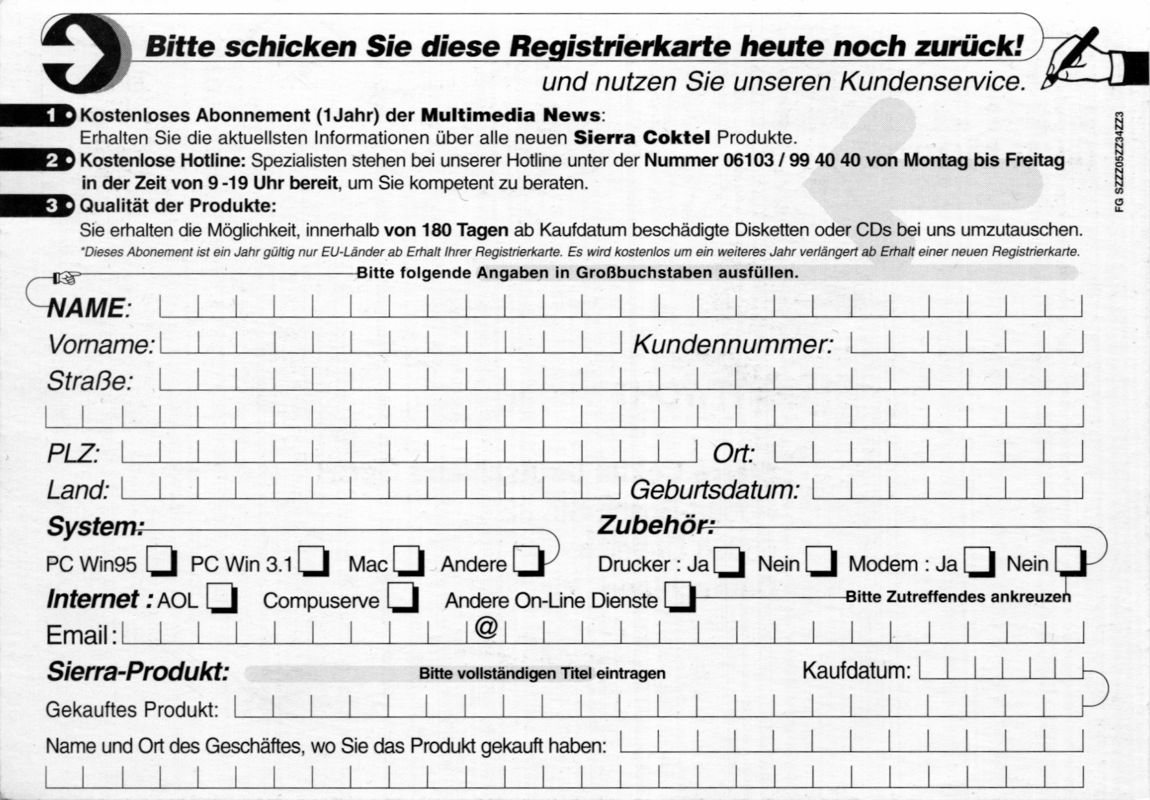 Extras for Pyst (Macintosh and Windows and Windows 3.x): Registration Card - Front