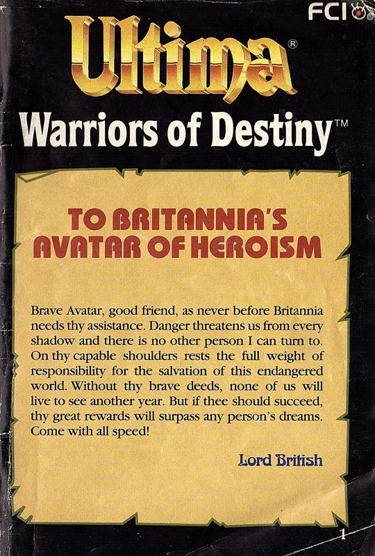 Manual for Ultima: Warriors of Destiny (NES)