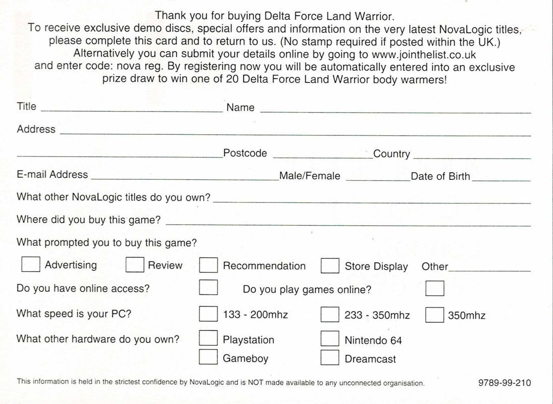 Extras for Delta Force: Land Warrior (Windows): Registration Card - Back