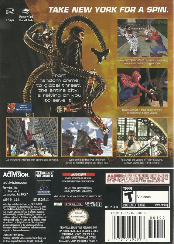 Back Cover for Spider-Man 2 (GameCube)