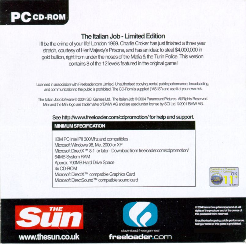 Back Cover for The Italian Job (Windows) (2004 "The Sun" (UK) newspaper covermount (contains 8 of 12 levels.))