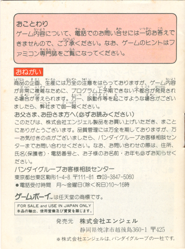 Manual for The Tower of Druaga (Game Boy): Back