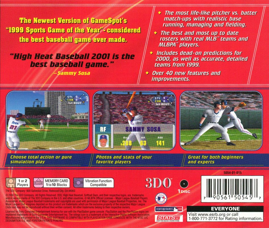 Back Cover for Sammy Sosa High Heat Baseball 2001 (PlayStation)