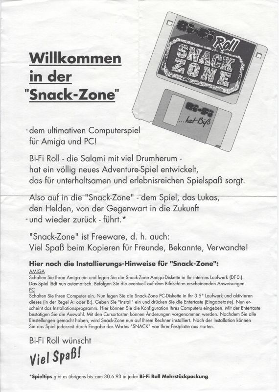 Reference Card for Bi-Fi Roll: Snack Zone (DOS) (Unsure how this was packaged)
