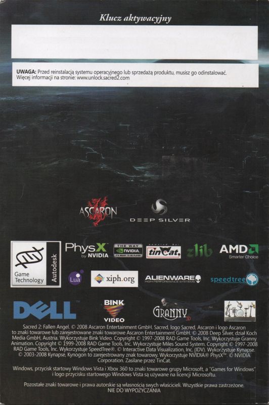 Manual for Sacred 2: Fallen Angel (Premium Games) (Windows) (Premium Games release): Back