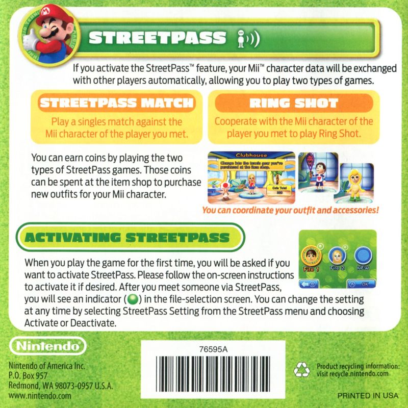 Manual for Mario Tennis Open (Nintendo 3DS): Back