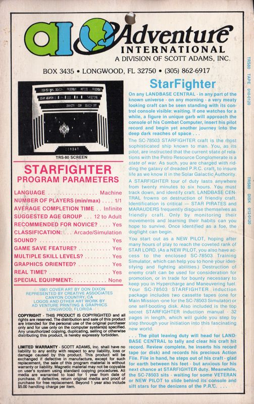 Back Cover for Starfighter (TRS-80) (Styrofoam Package)