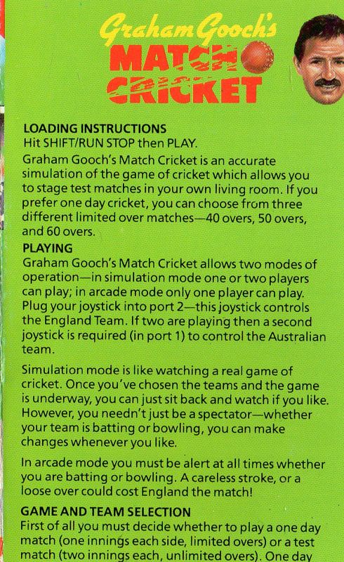 Inside Cover for Graham Gooch's Test Cricket (Commodore 64) (Alternative Software budget reissue)