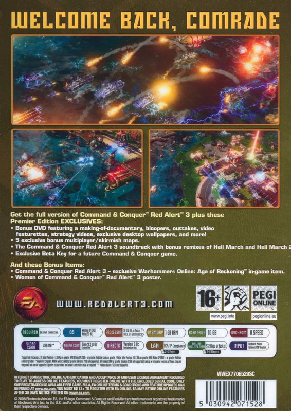 Back Cover for Command & Conquer: Red Alert 3 (Premier Edition) (Windows) (Transparent slipcase; general European release)