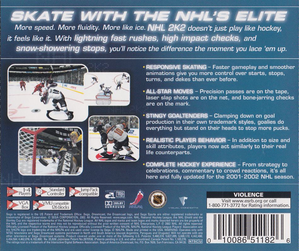 Back Cover for NHL 2K2 (Dreamcast)