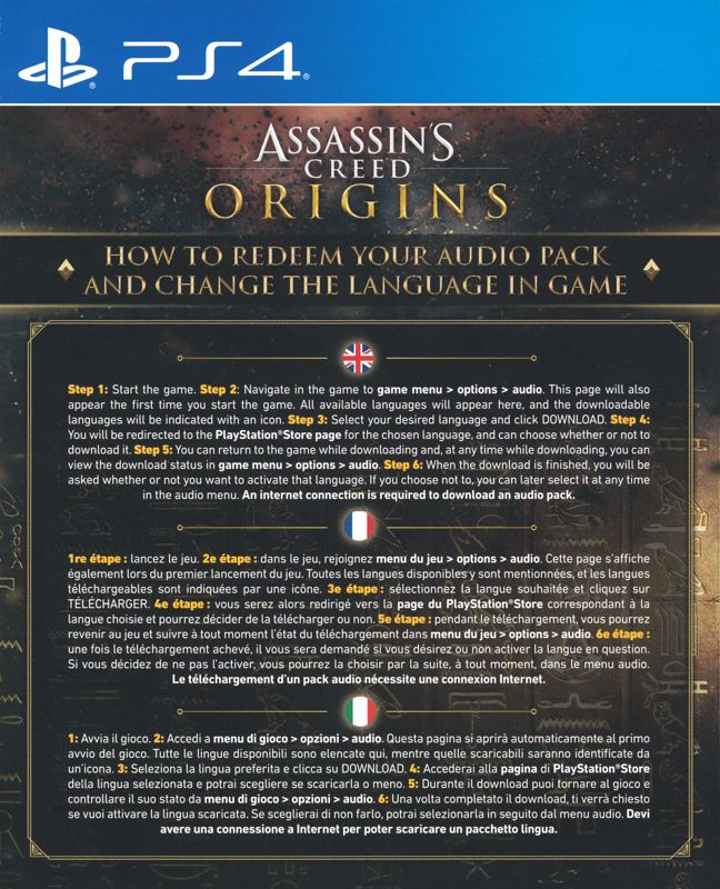 Other for Assassin's Creed: Origins (PlayStation 4) (Alternate release): Audio Pack Redeem Flyer - Front
