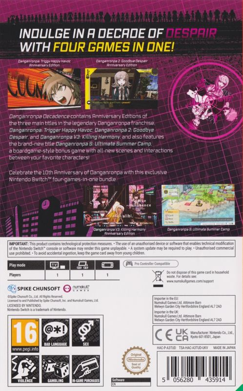 Back Cover for Danganronpa Decadence (Nintendo Switch)