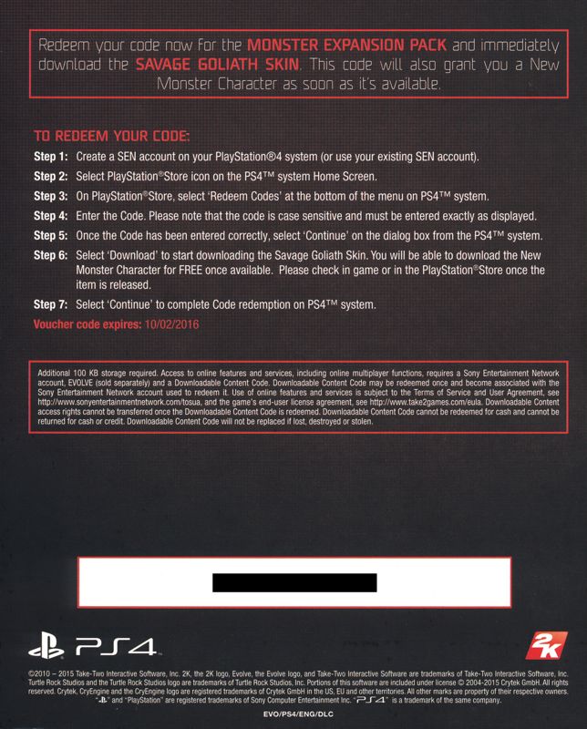 Other for Evolve (Ultimate Edition) (PlayStation 4) (General European release): DLC Card - Back