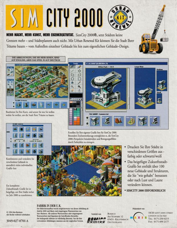 Back Cover for SimCity 2000: Urban Renewal Kit (DOS) (3.5" German Release)