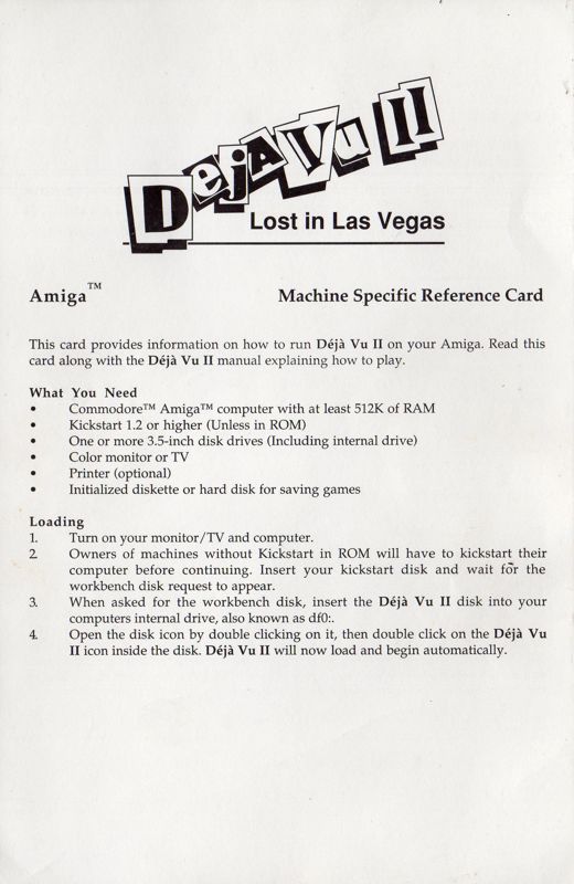 Reference Card for Déjà Vu II: Lost in Las Vegas (Amiga)