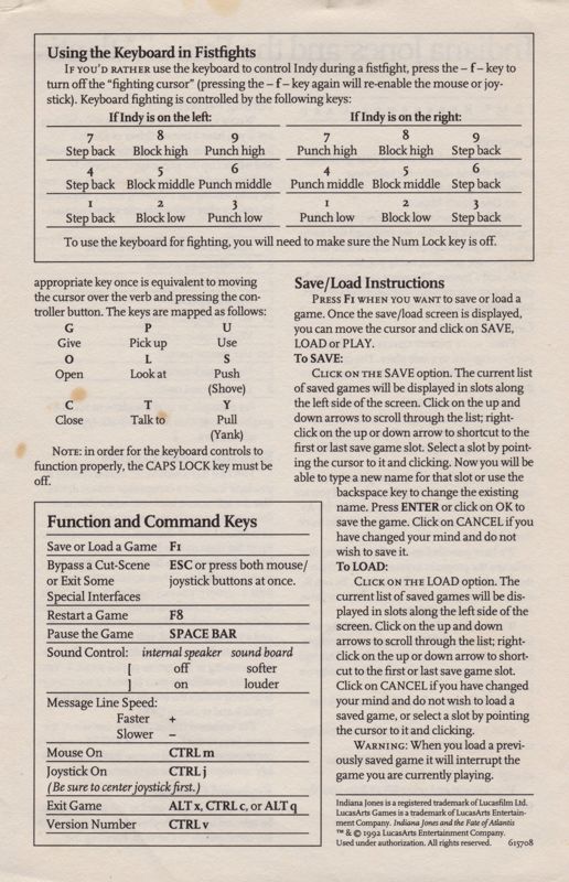 Reference Card for Indiana Jones and the Fate of Atlantis (DOS) (5.25'' Floppy Disk release): Back