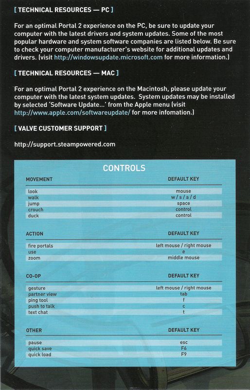 Reference Card for Portal 2 (Macintosh and Windows): Back