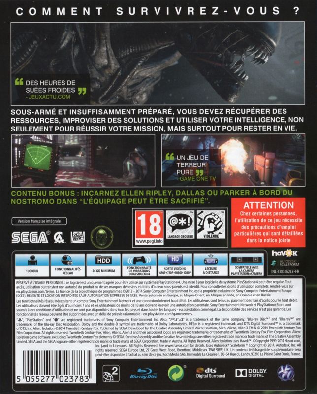 Back Cover for Alien: Isolation - Nostromo Edition (PlayStation 4)