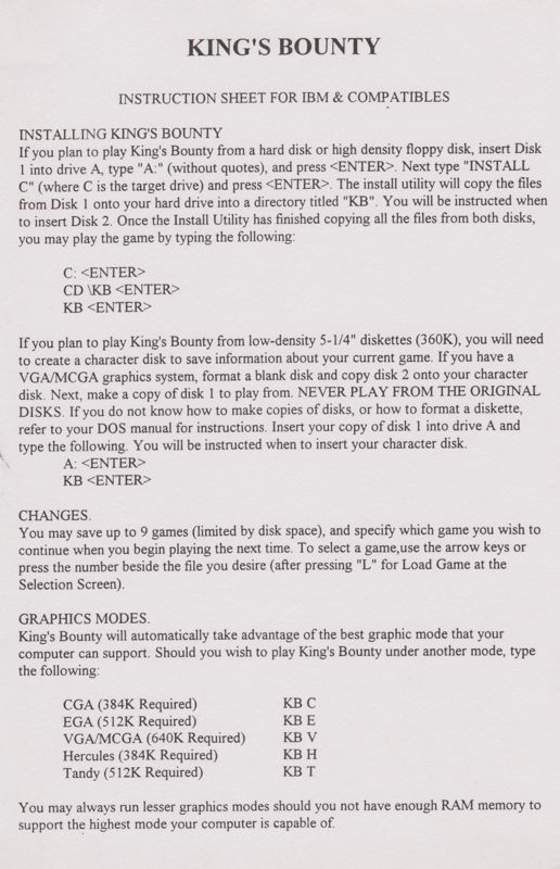 Extras for King's Bounty (DOS): Instruction Sheet