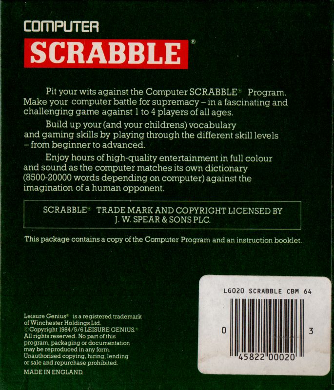 Back Cover for The Computer Edition of Scrabble Brand Crossword Game (Commodore 64)