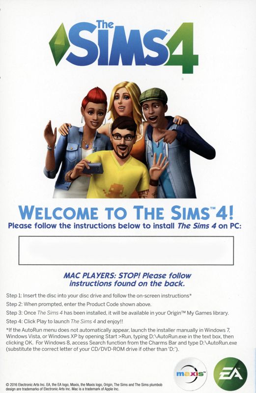 Other for The Sims 4 (Macintosh and Windows): CD Key & Mac Instructions - Front