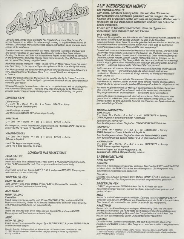 Manual for Auf Wiedersehen Monty (ZX Spectrum)